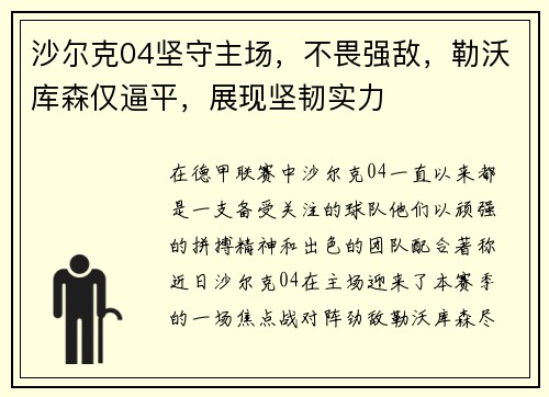 沙尔克04坚守主场，不畏强敌，勒沃库森仅逼平，展现坚韧实力
